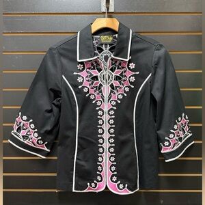 Bob Mackie Wearable Art Embroidered Western Jacket Black Pink Size M